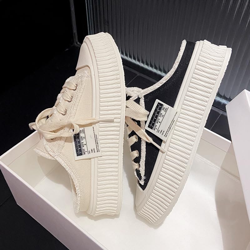 Mule Tennis Shoes for Women Canvas Slip on Sneakers Women Cute Breathable Slide on Lace Up Walking Shoes Backless Sports Pumps for Girls Daily Wear Back to School Summer Outdoors Beach Office Rave4
