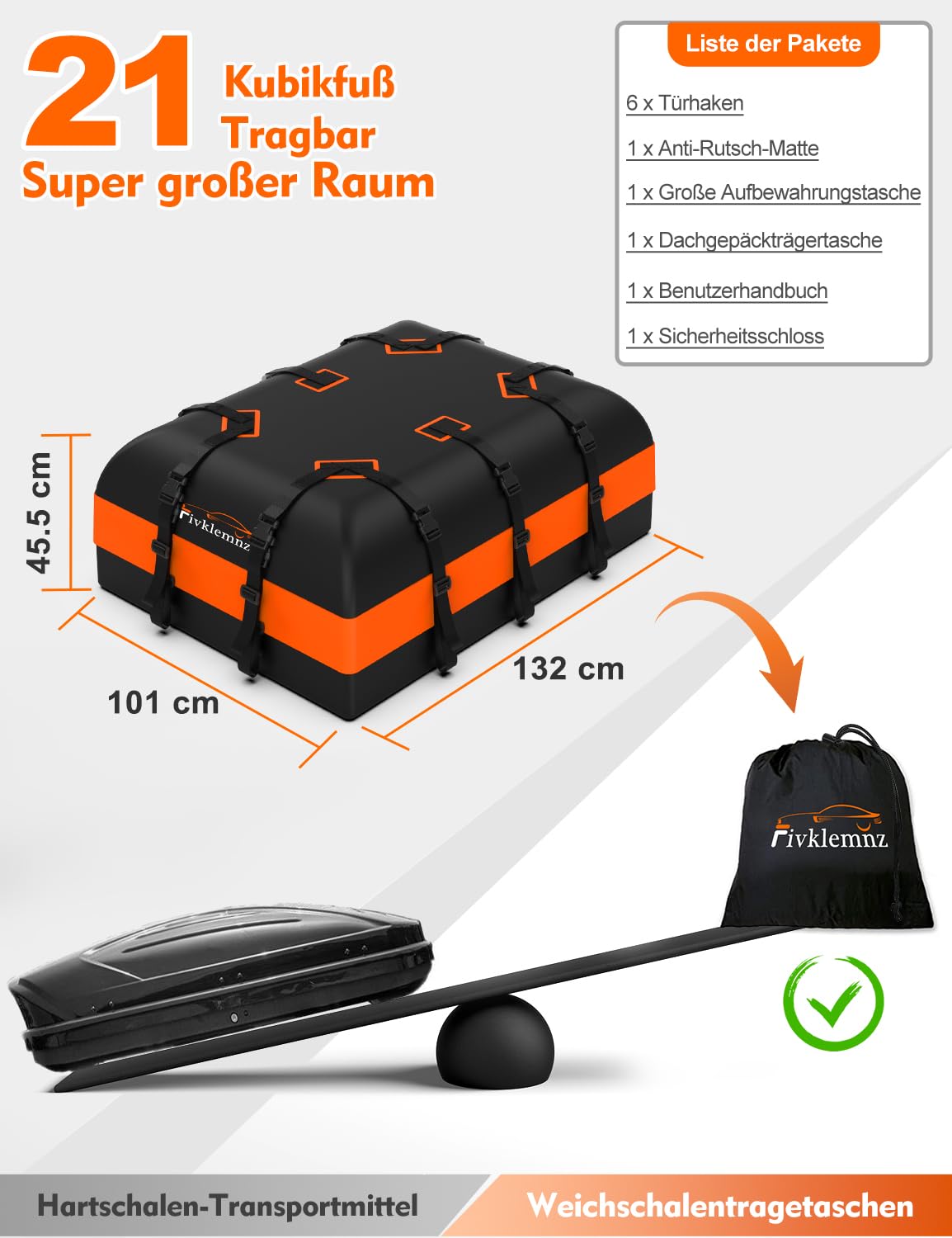 FIVKLEMNZ Dachbox Auto, Dachgepäckträger Tasche, Wasserdicht für alle Fahrzeugdächer mit/ohne Gepäckträger Inklusive Topper Anti-Rutsch-Matte + Verstärkte Gurte +6 Türhaken +Gepäckschloss(21 Kubikfuß)
