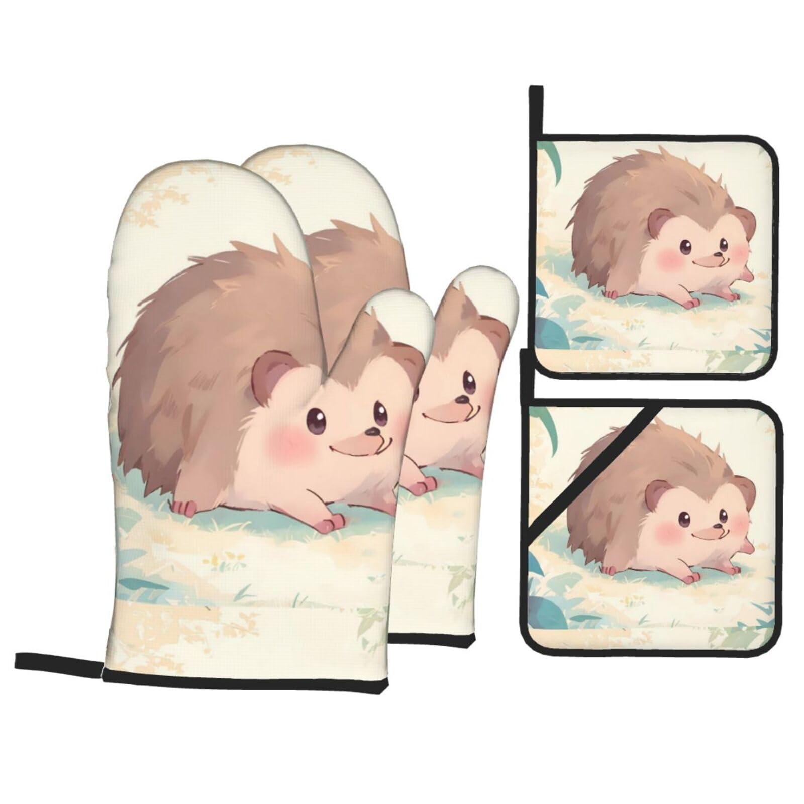 Kitchen Baking Four-Piece Set WHJSSF Chubby Hedgehog Pattern Heat-Insulating and scalding-Proof for Kitchen Baking and Outdoor Barbecue