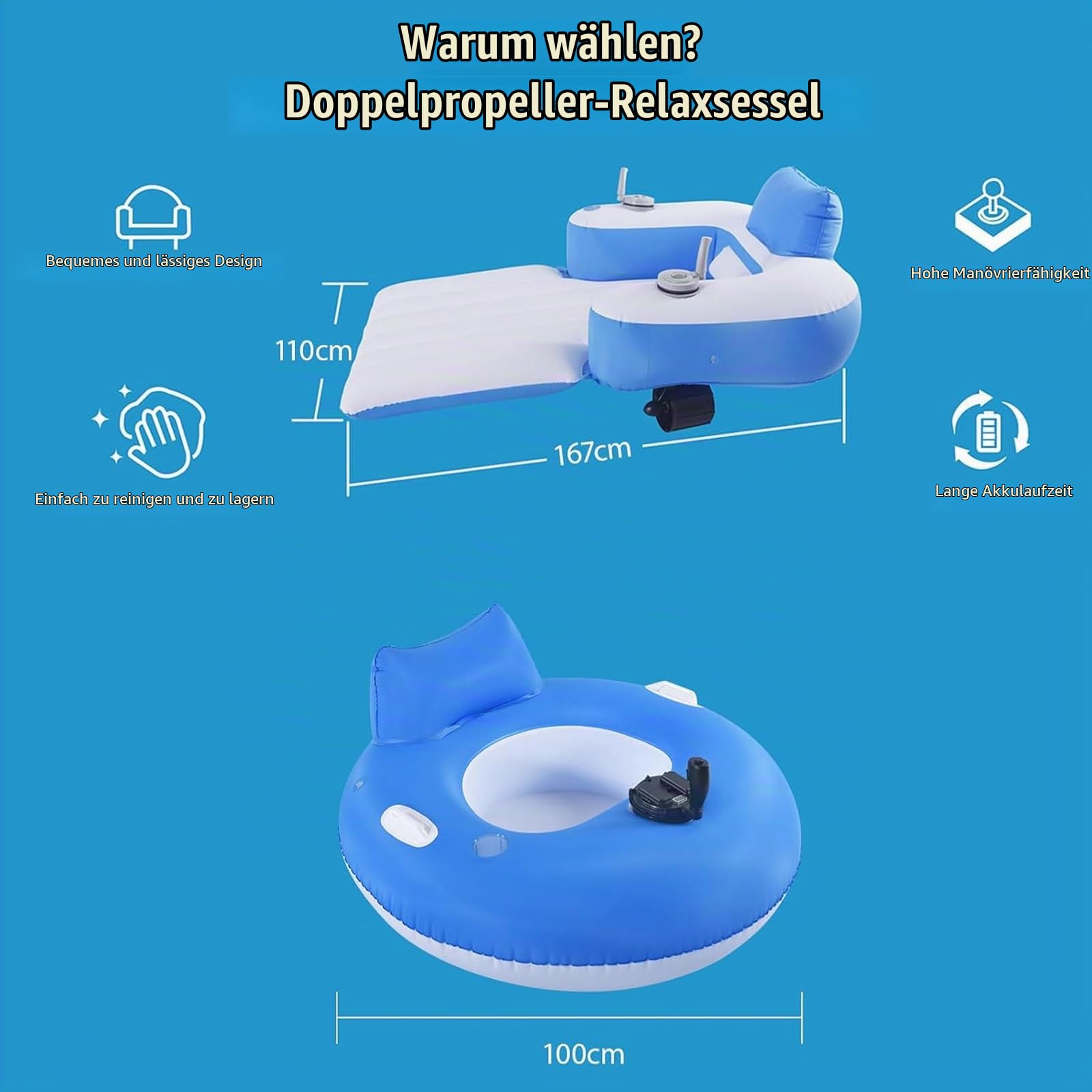 Powered Pool Float, aufblasbarer Loungesessel zum Sonnenbaden, Schwimmen, See & Strand Entspannung