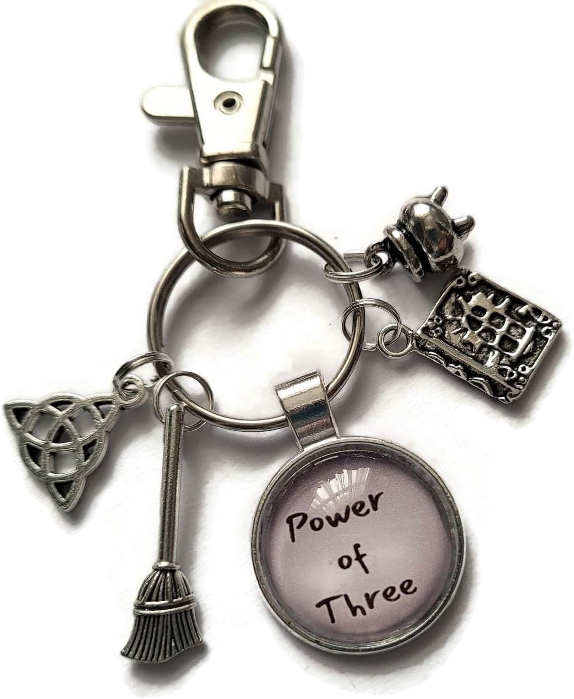 POWER of THREE 20mm glass cabochon bag clip keyring gift, witch 3 witches fantasy halloween birthday Xmas present, charmed triquetra fandom gift