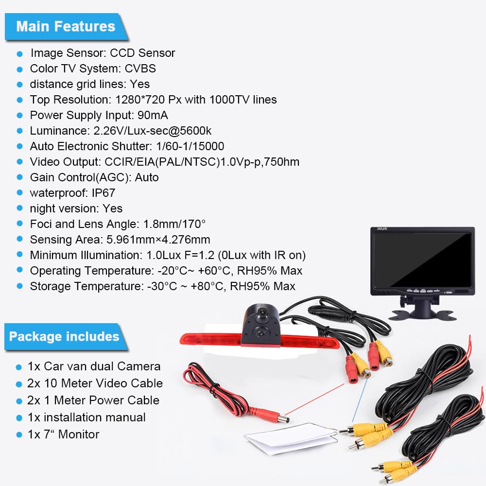 Zestaw podwójnych kamer cofania z monitorem TFT LCD 7", światło hamowania, kamera cofania z dwoma soczewkami do VW T6, klapy bagażnika, wysokiego dachu, lampa stopu, transporter, biznes, MPV, SUV Bus