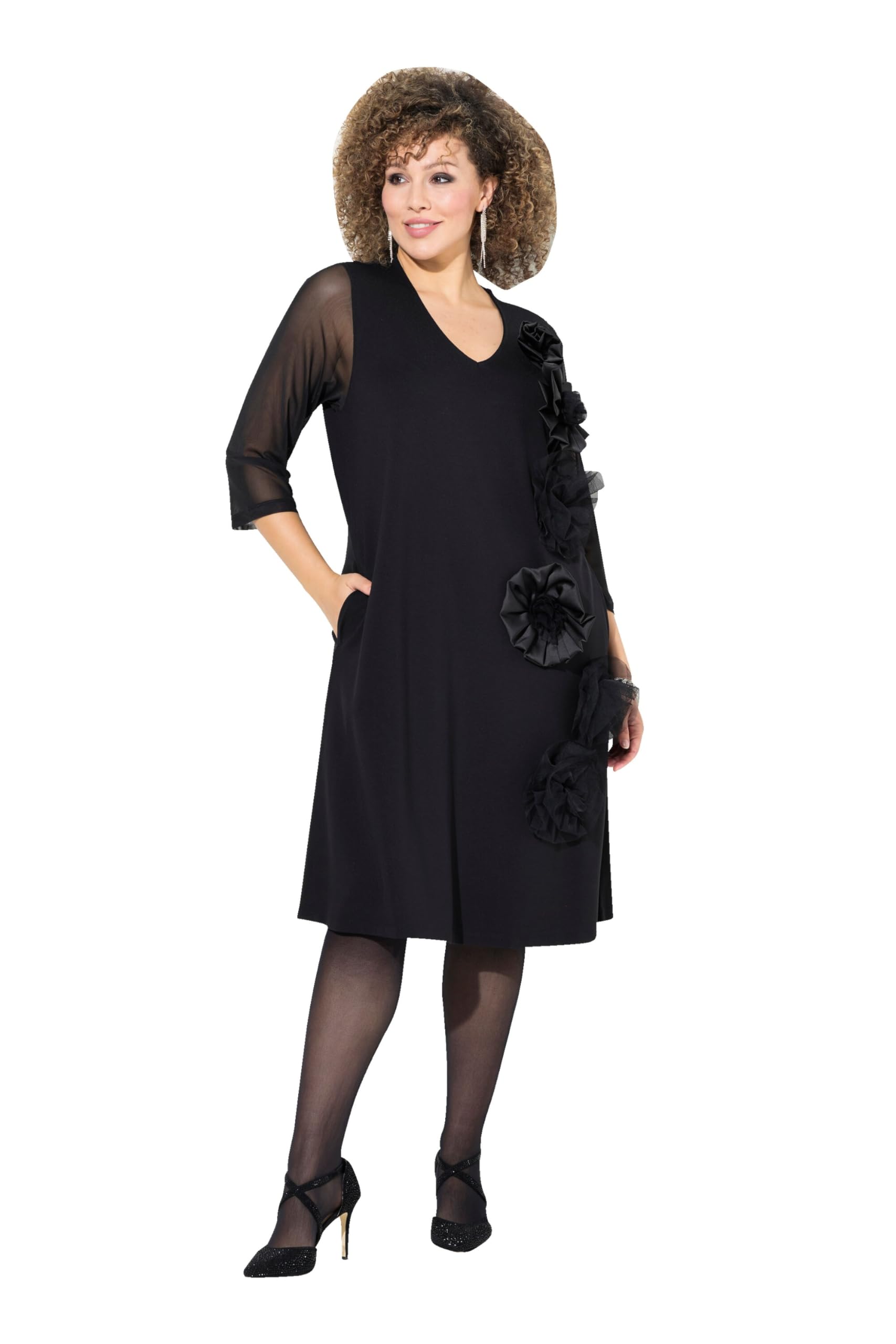 Ulla Popken Damen große Größen Übergrößen Plus Size Jerseykleid, 3D-Blüten, V-Ausschnitt, 3/4-Arm, Taschen 832689