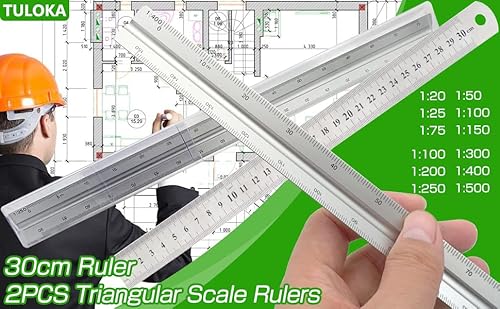 Tuloka Maßstab Lineal, Dreikantmaßstab aus Aluminium Architektonisches Lineal 2 Stücke 1:20 1:25 1:50 1:75 1:100 1:150 und 1:100 1:200 1:250 1:300 1:400 1:500
