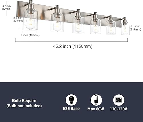 Miniatura 3 de 6 luces de tocador de baño, iluminación industrial de montaje en pared con vidrio transparente, luces de tocador de metal de níquel cepillado para