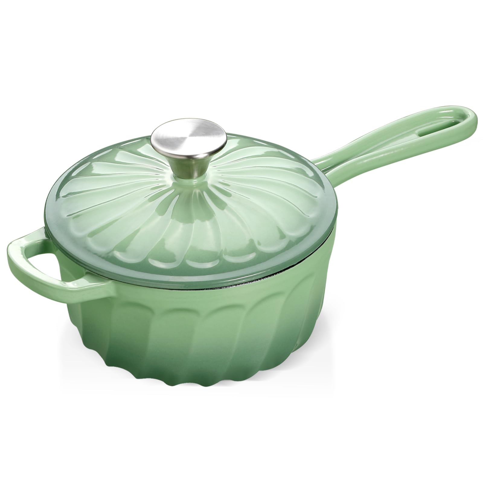 NSIRONS 1 Quart Enameled Cast Iron Sauce Pan with Lid in Fig Green