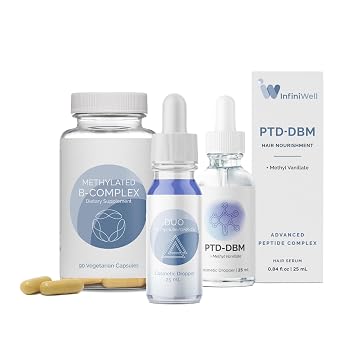 InfiniWell Hair Protocol Duo Hair Growth Serum 25 ml, PTD-DBM Peptide Scalp Treatment 25 ml, Methylated B Complex Capsules 90 Count Support Follicle Strength, Hair Density & Nutrient Activat