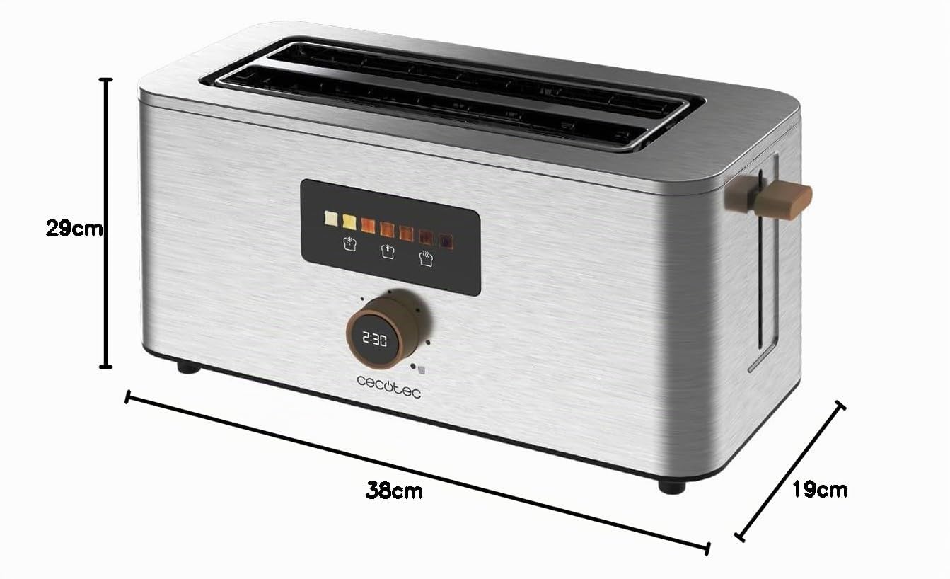 Cecotec Grille-Pain Vertical 2 Fentes Longues Touch&Toast Extra Double. 1500 W, 4 Tranches de Pain, Fentes Extra-Larges de 3,5 cm, Écran Tactile et Bouton Numérique, Finitions en Acier Inoxydable