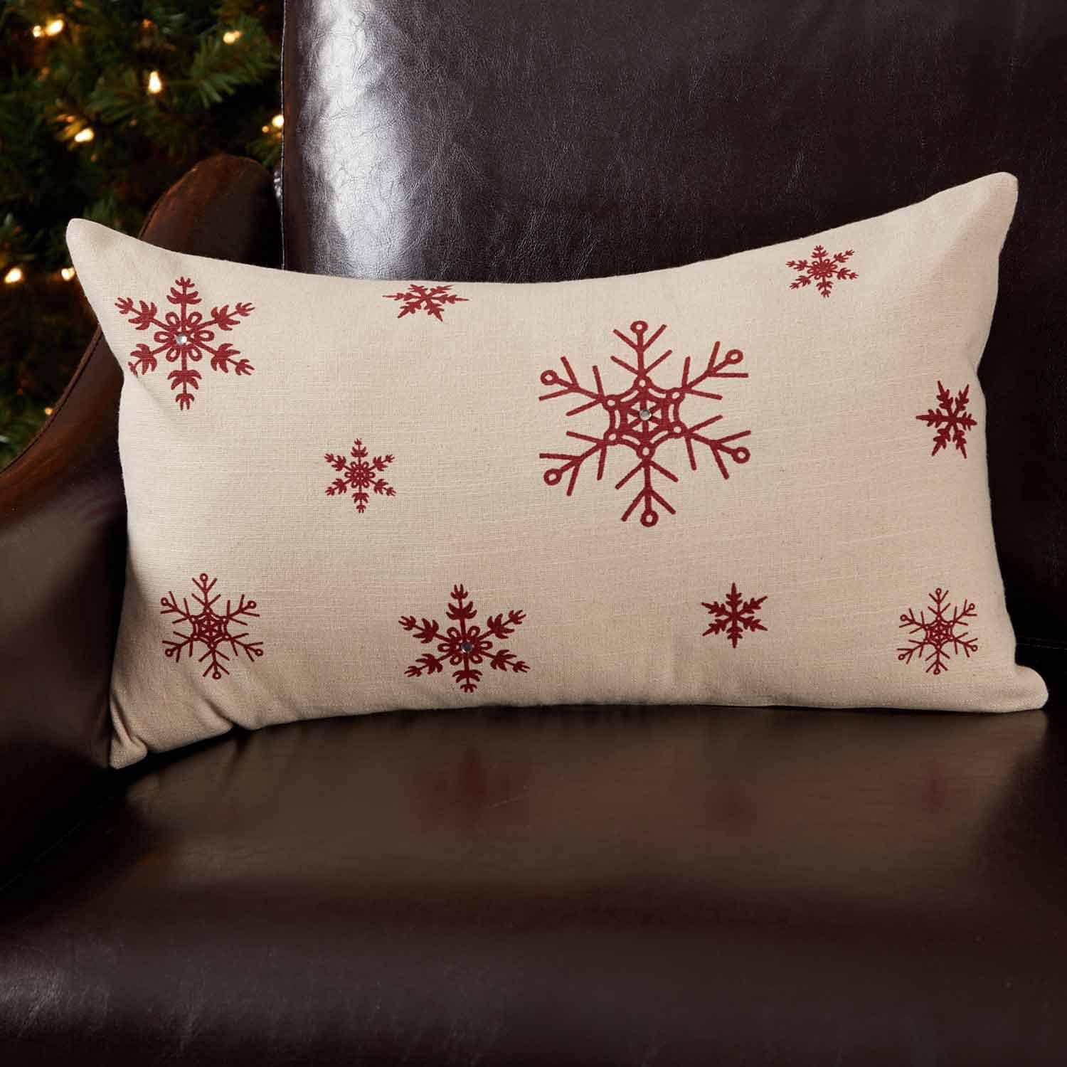 Market Place Natural Snowflake Christmas Tree Skirt, 48" Diameter, Stencilled Red Snowflakes w/Crystal Accents for Holiday Sparkle, Red Ticking Stripe Trim