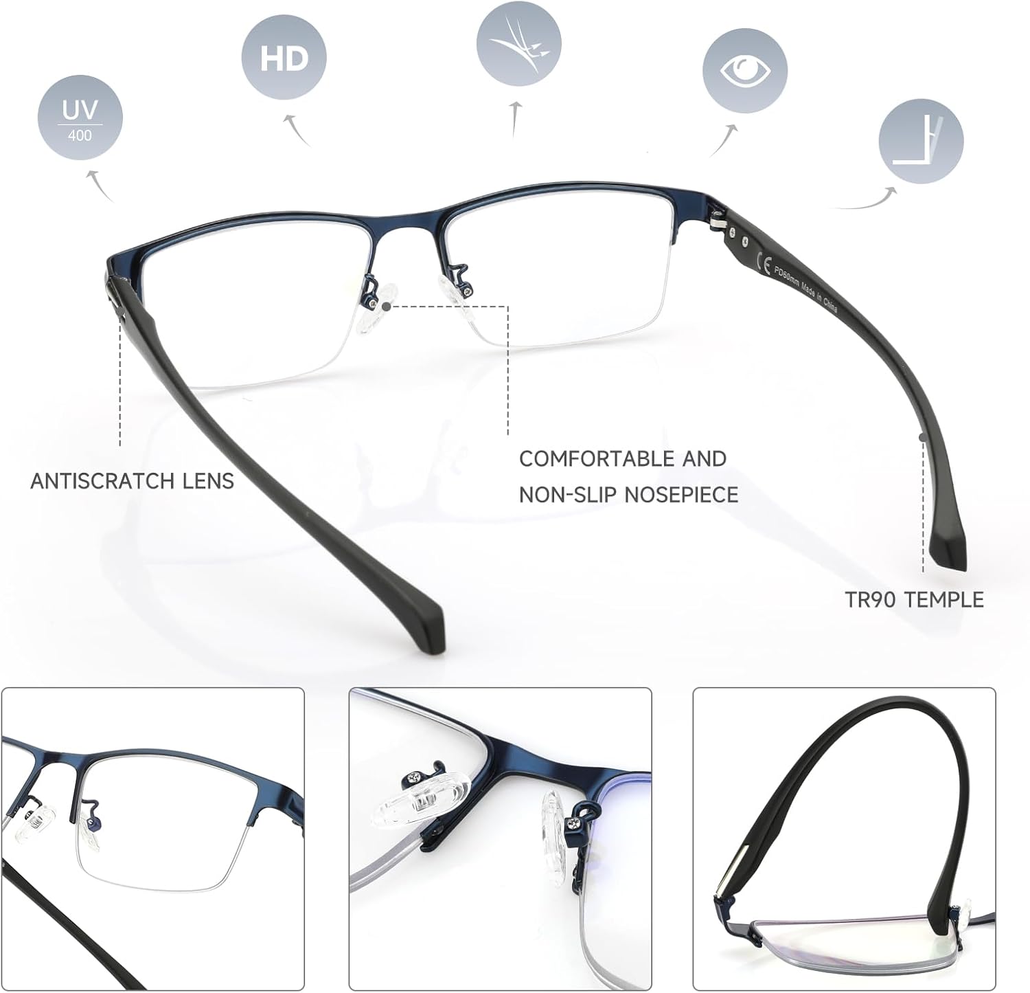 SKYOAK 2 Pack Mens Premium Progressive Multifocus Reading Glasses, TR90 Temples Blue Light Blocking Anti UV/Eye Strain Computer Readers No-Line Half Frame Multifocal Eyeglasses, Blue and Brown 3.0x - Image 4