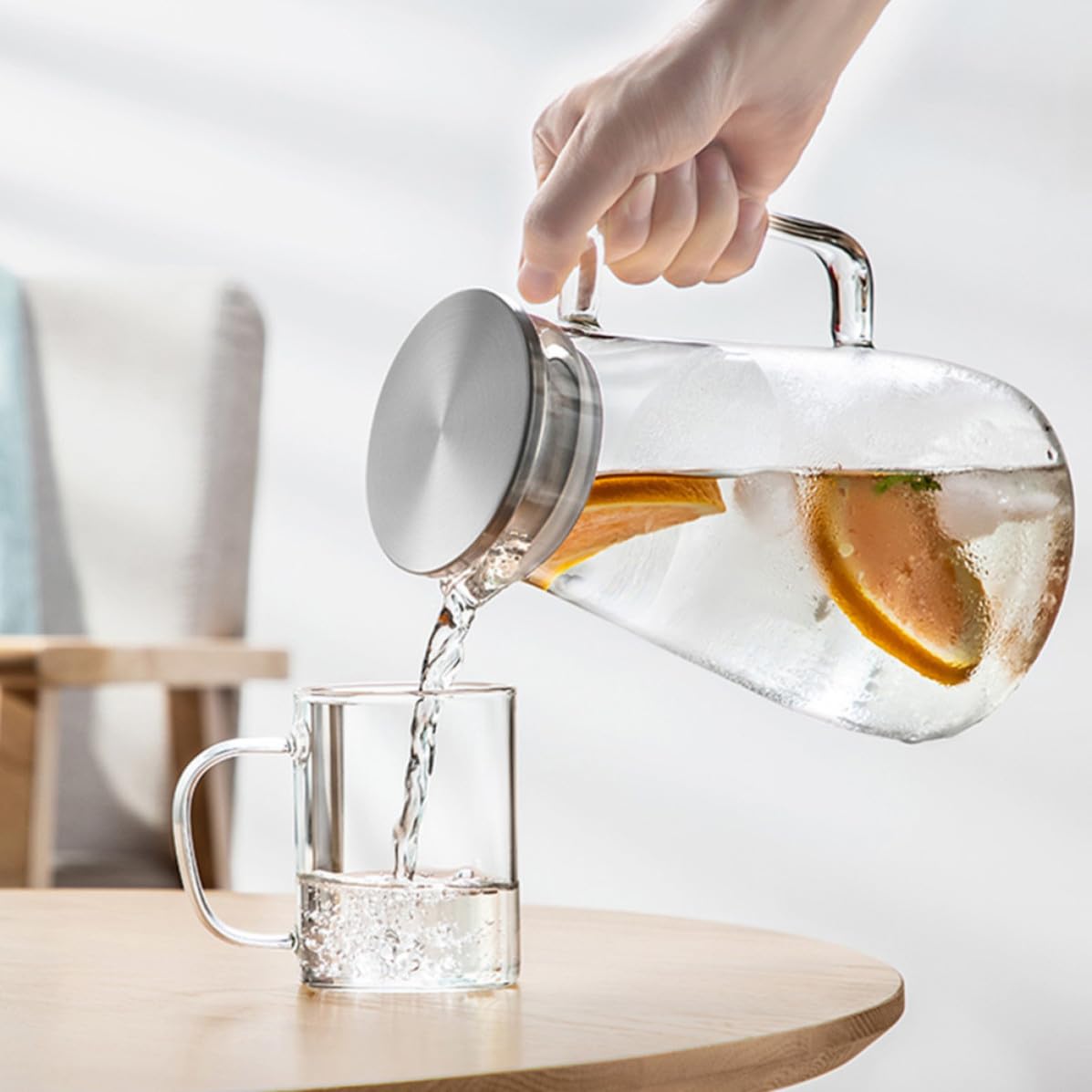 Jarra de Asa de Agua de Vidrio Fría Acero Inoxidable y 1500ml Diseño Cómoda Gran Capacidad para Uso en Casa y Tienda de Té