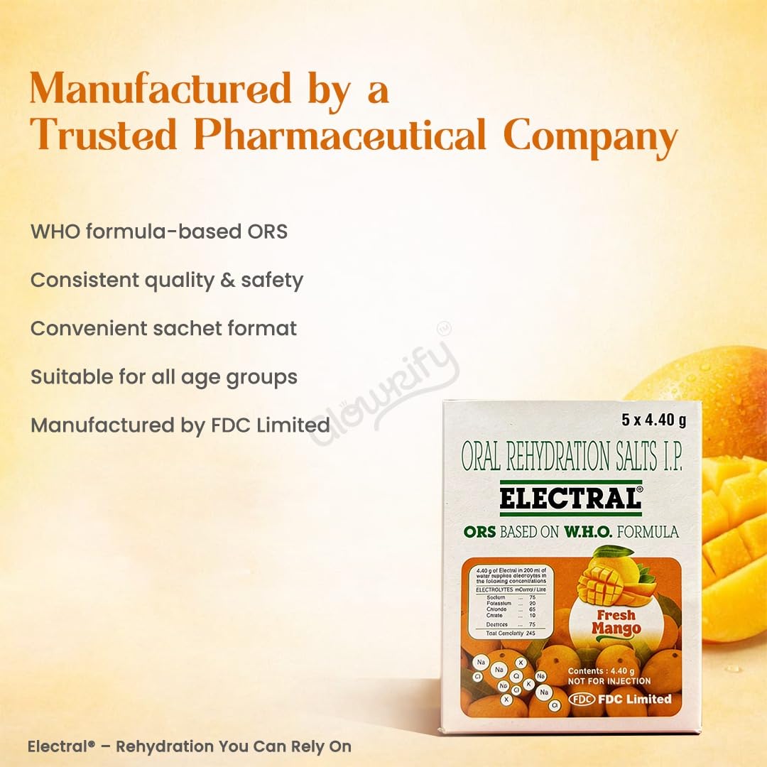 ELECTRAL Oral Rehydration Salts I.P., WHO Formula, 50 Sachets, 4.4g Each (Fresh Mango) 2