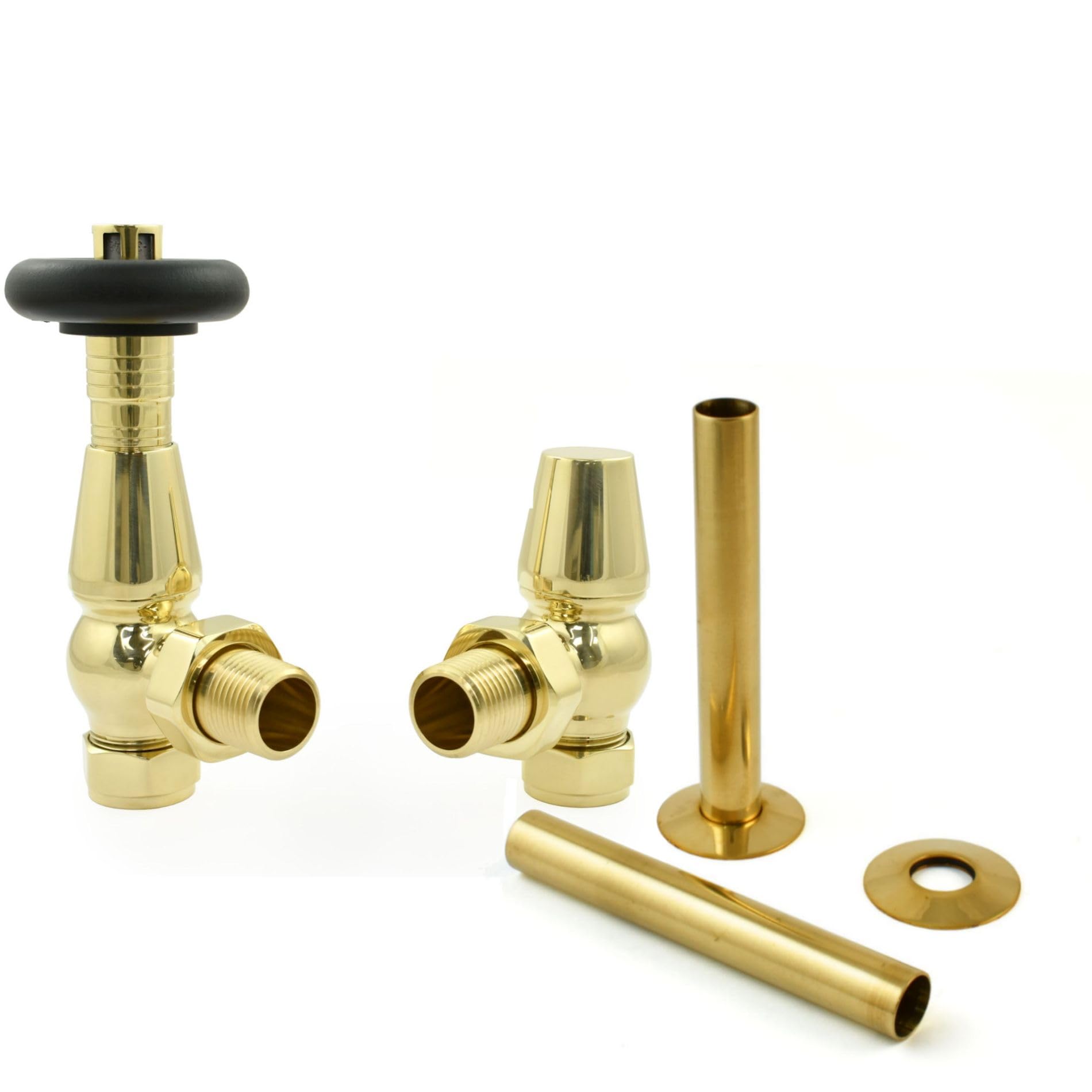 Hot Flow Unlacquered Brass Jordan Angled TRV Thermostatic Radiator Valve (Pair) Includes Angled TRV Body, Wheel Head, Lock Shield & Pipe Sleeve for Quick & Easy Temperature Control. โ image 1
