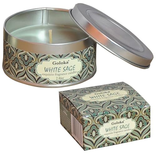 GIFTBRIT Goloka White Sage Travel Tin Candle 2.5 oz. for Meditation, Yoga, Relaxation, Healing and Positivity