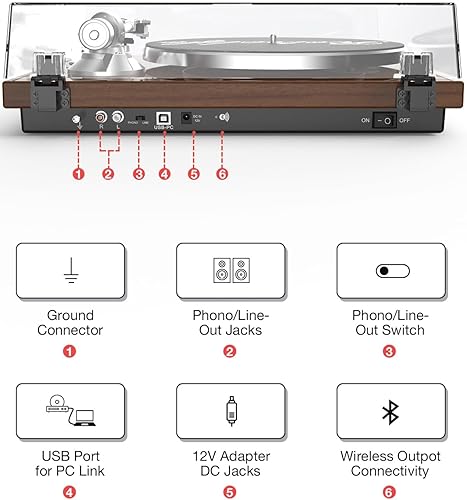 Miniatura 5 de Tocadiscos para vinilos Tocadiscos Salida inalámbrica Conectividad Transmisión por correa 33 45 RPM Velocidad Línea de teléfono USB Digital a PC