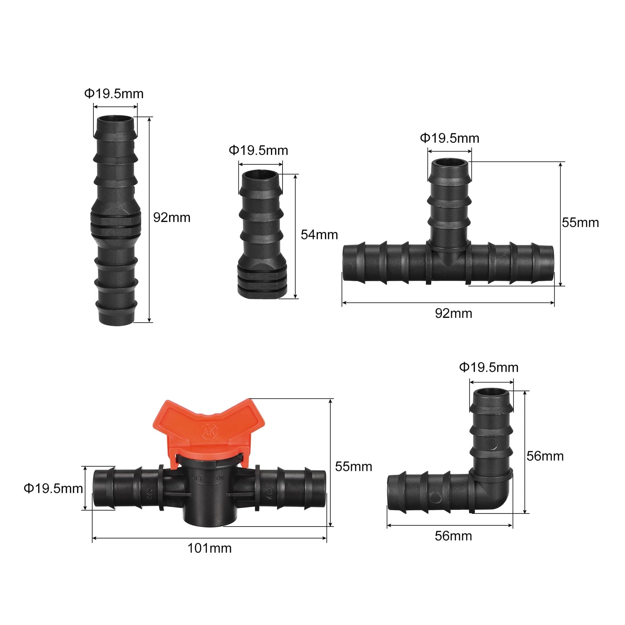 Kit de accesorios de riego con púas de 19,5 mm: tubo de goteo de 3/4", 8 tees/8 codos/8 extremos/2 válvulas, PE