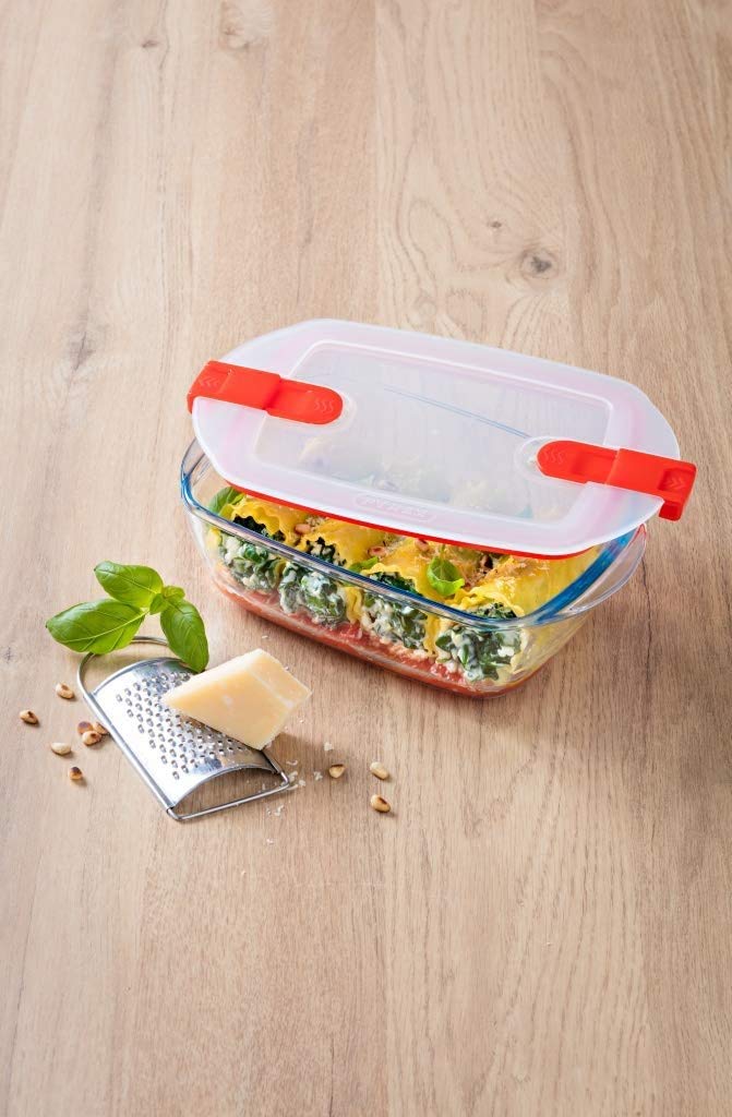 Pyrex Rechteckige Glasschale mit belüftetem Deckel, mikrowellengeeignet, 0,4 l, Rot, 4 Stück