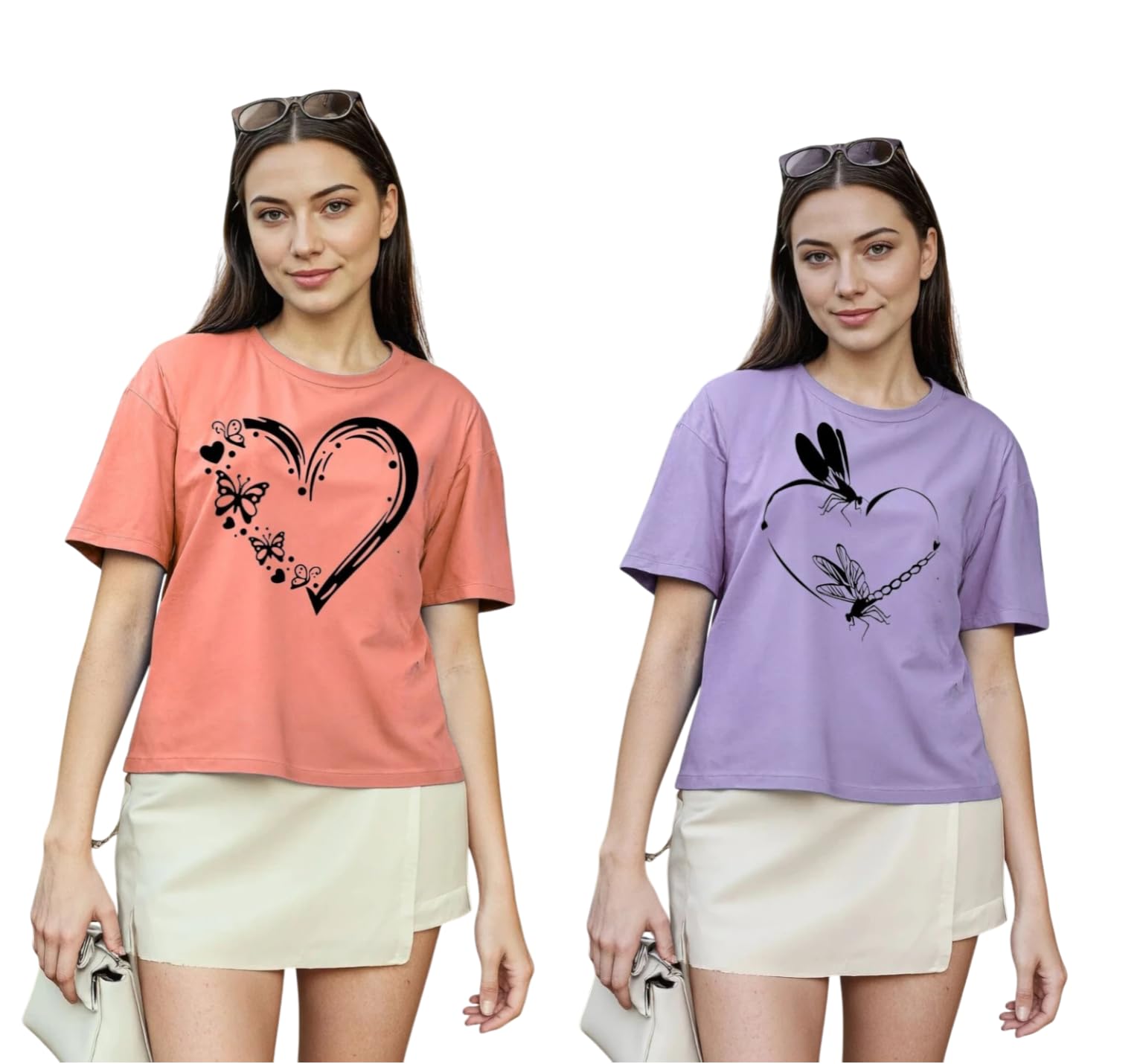 Women's Graphic Print T-Shirt, Short Sleeve, Heart and Butterfly with Multiple Design, Multiple Colors-image-37