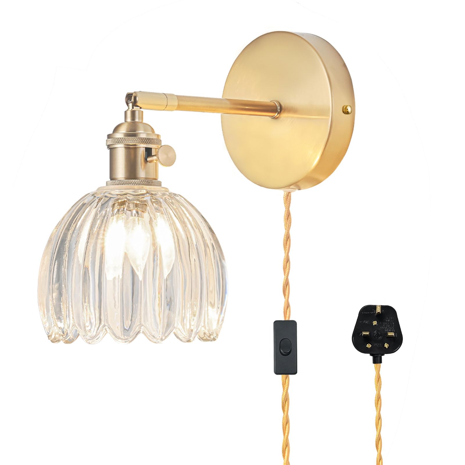 Plug in Wall Light, Vintage Wall Lights with Tulip Transparent Glass Lampshade, 180° Adjustable Wall Light with Switch and Plug in Wall Lamp Cord, Wall Lights for Living Room, Light Bulb Not Included