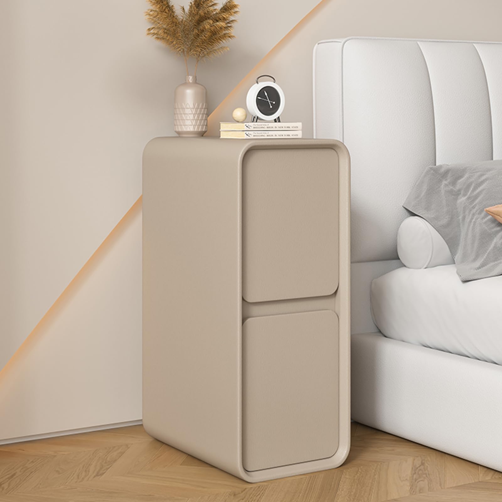 MESCXTY Narrow Bedroom Nightstand with Drawers, Small Wooden Bedside Table, Modern Leather Surface, Space Saving Storage Night Stand for Spaces(20x40x47cm(7.8"x15.7"x18.5"), Khaki)