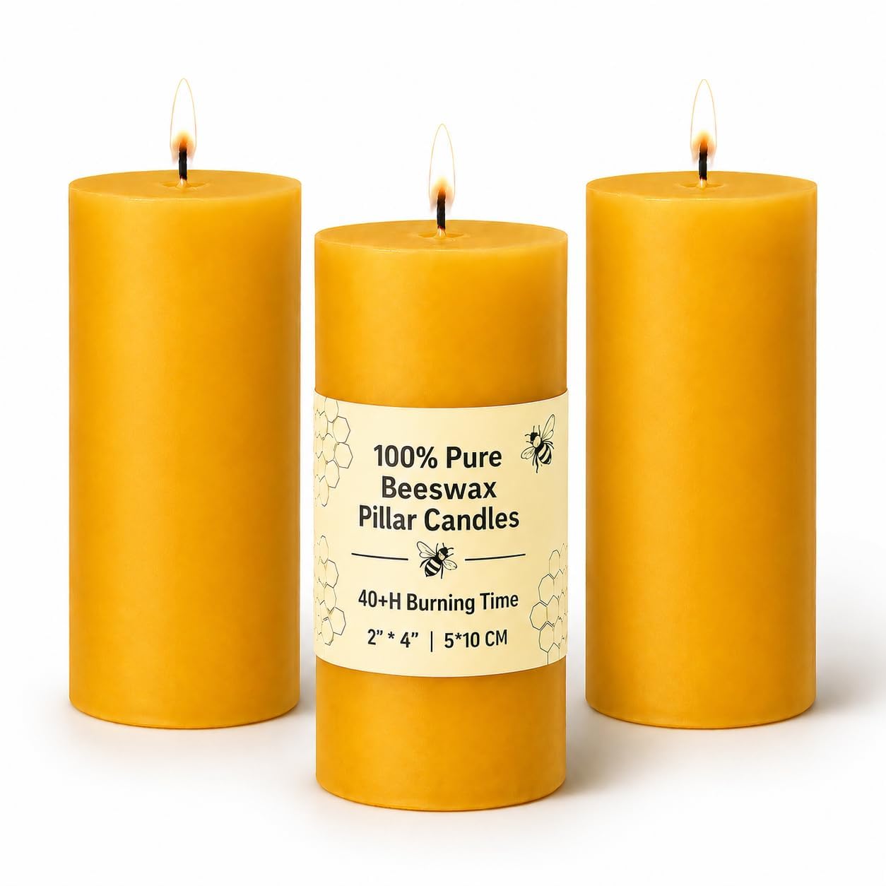 Azuritek 3 PCS Beeswax Pillar Candles, Each 40H Burn Time, 100% Pure Natural Beeswax, Clean Long Burning Non-Toxic Pillar Candles - Perfect for Home and Birthday Decorations - 2x4in