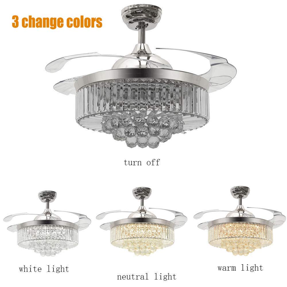 Ventiladores de techo retráctiles de 42 pulgadas con control remoto de luz LED, 4 cuchillas invisibles de ABS transparente, para sala de estar, comedor, lámpara de techo para 4