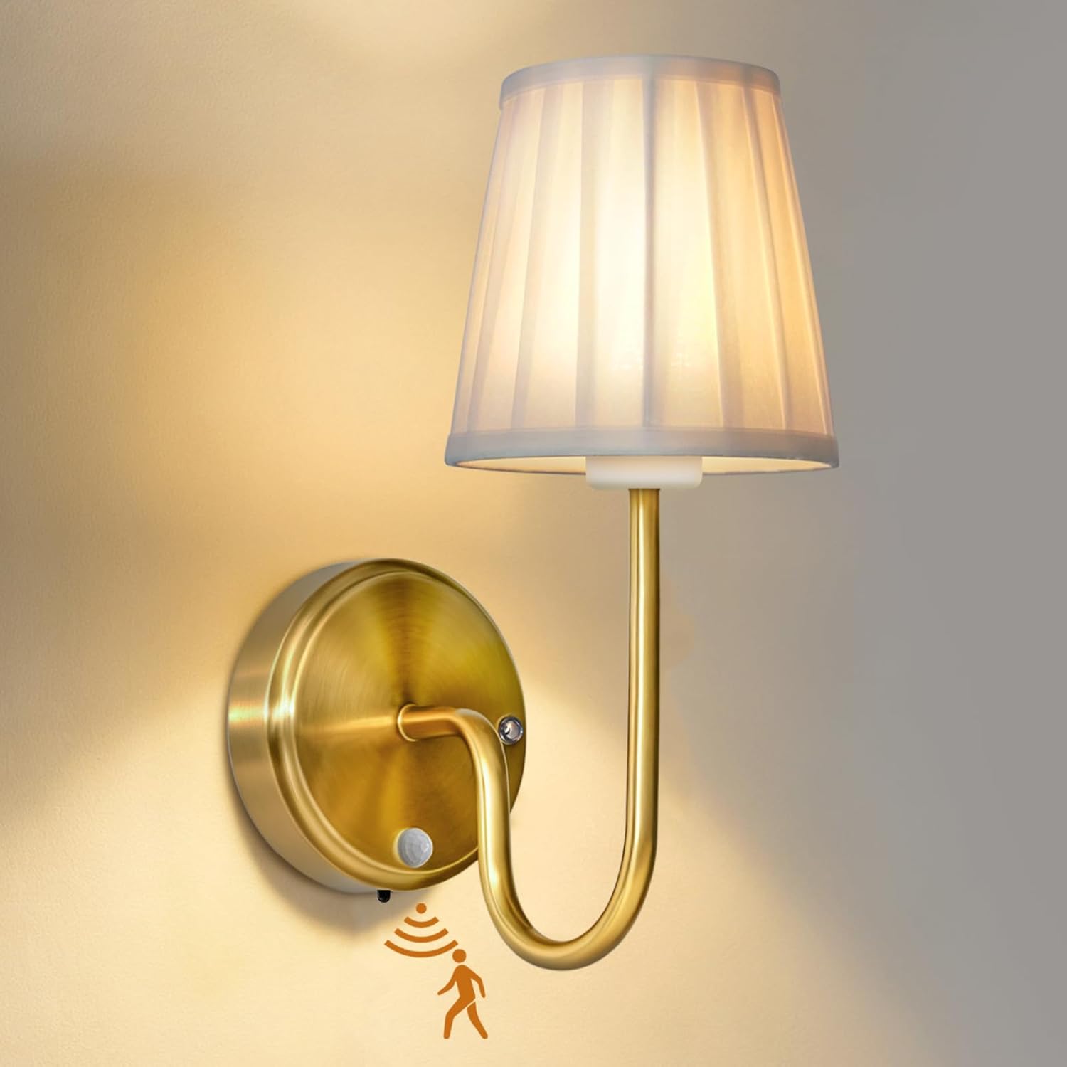 Battery Operated Motion Sensor Wall Sconce, Rechargeable Wireless Gold Wall Lamp with 5200mAh Battery, Dimmable Wall Sconce Light with Switch and Remote for Living Room, Bedroom, Hallway