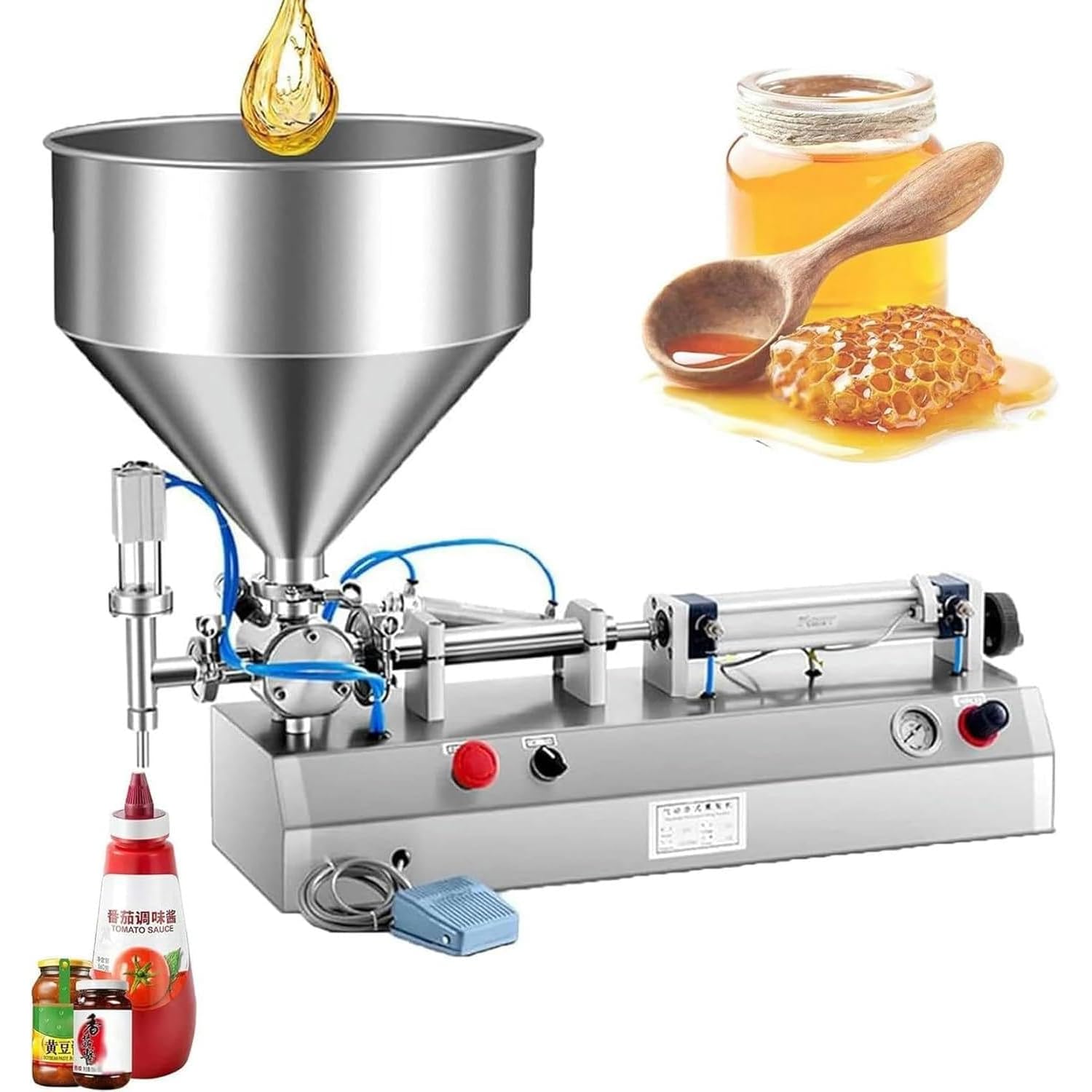 Pneumatyczna maszyna do napełniania płynów, półautomatyczny napełniacz do butelek z pedałem nożnym, 50-500 ml do oleju, kremu, balsamu, miodu i masła