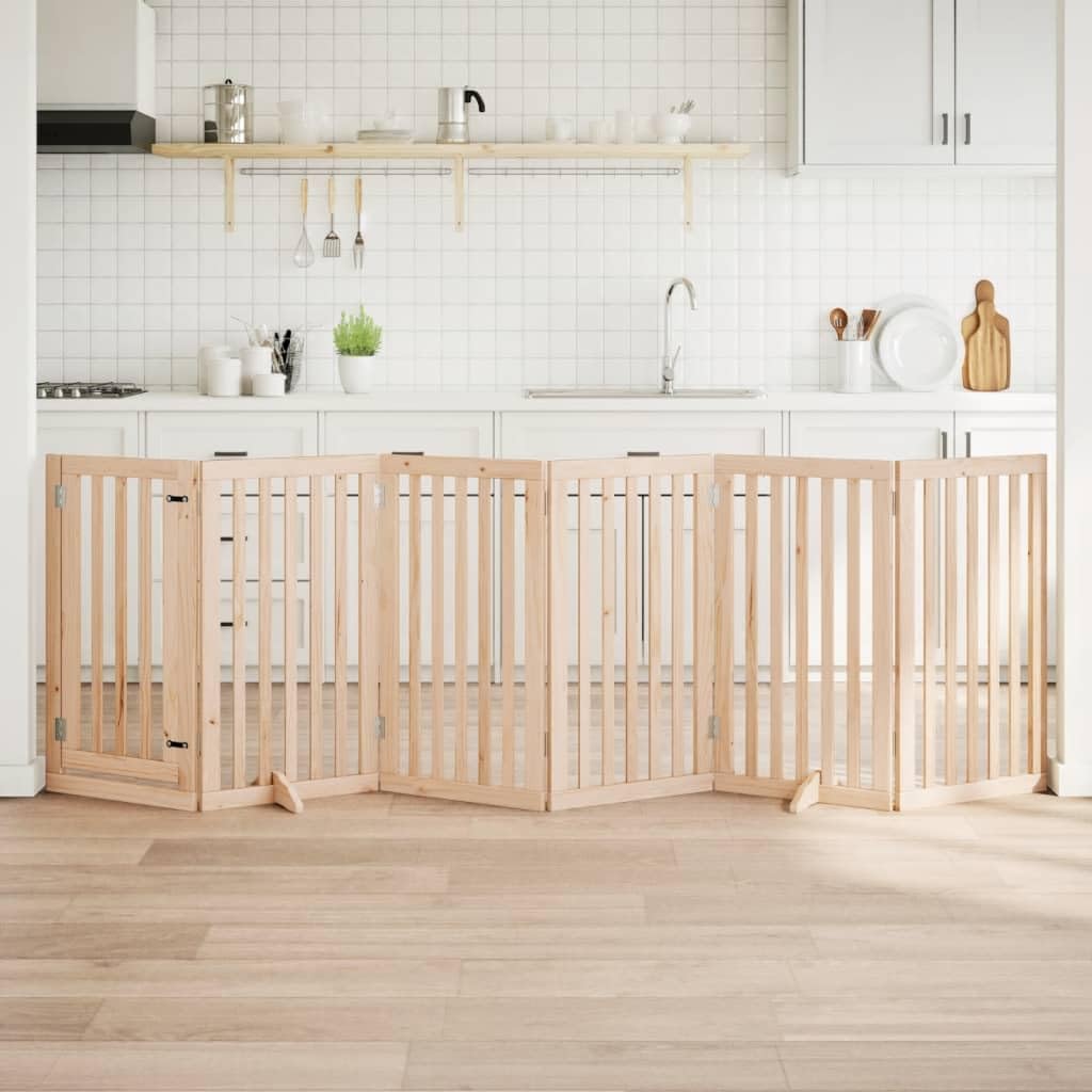Foldable Dog Gate with Door, 6 Panels, 300 cm Poplar Wood, Freestanding Pet Barrier for Living Room, Kitchen, Stairs, Easy Setup