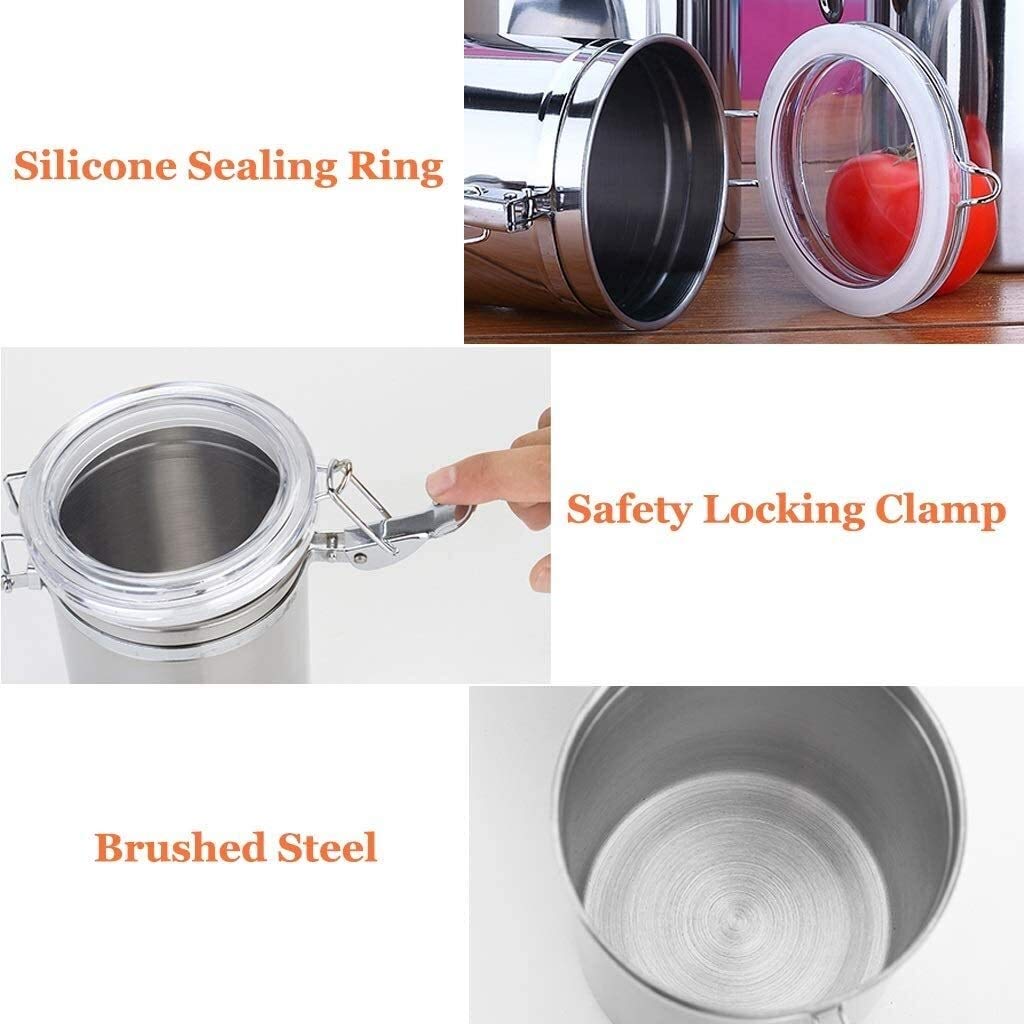 Contenitori Alimentari per Cereali Set Set di contenitori ermetici for bancone della cucina Contenitore for alimenti in 3 pezzi in acciaio inossidabile con coperchi trasparenti, organizzazione dispens