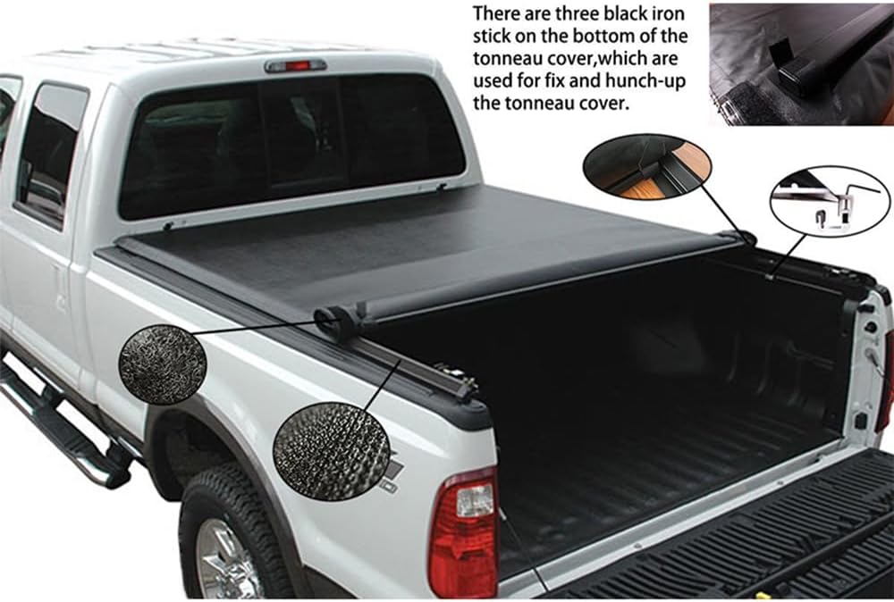 IKON MOTORSPORTS, Tonneau Cover Compatible with 2015-2022 Ford F-150 8ft/96in Bed, Black Vinyl Soft Roll Up Tonneau Cargo Cover, 2016 2017 2018