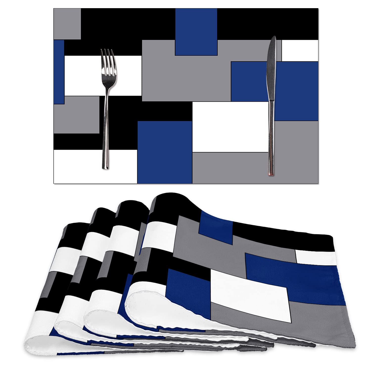 Juego de 4 manteles individuales cuadrados geométricos, impermeables, de arpillera, lavables, para decoración del hogar y la cocina (azul negro, 12 pulgadas de ancho x 18 pulgadas de largo)