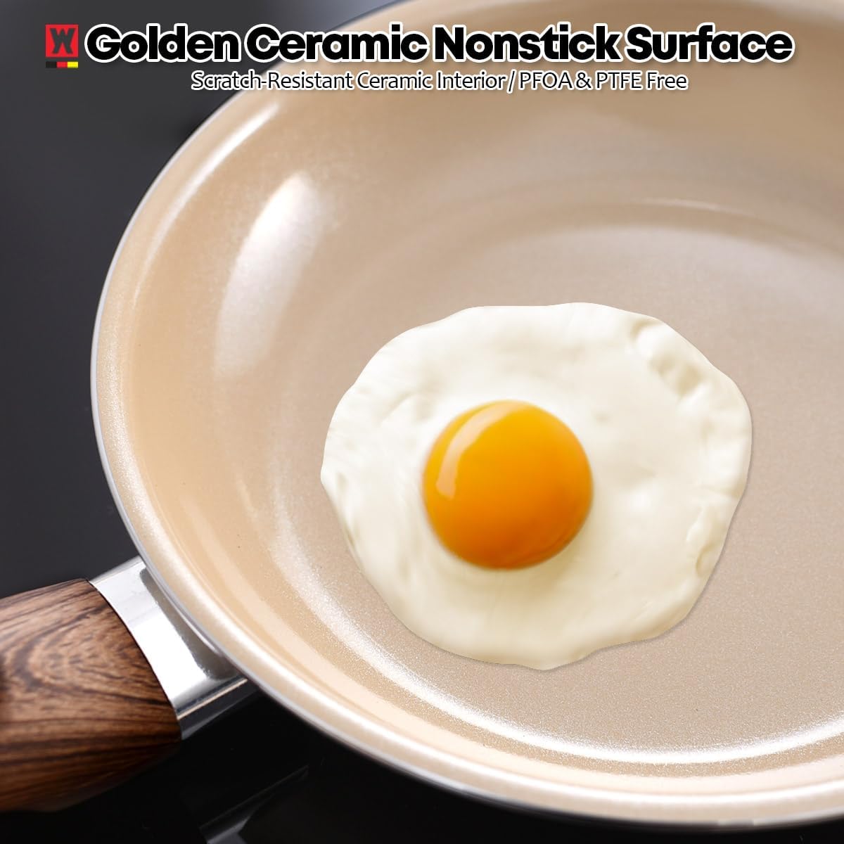 WAGENSTEIGER 7-Layed Ceramic Coated Nonstick Frying Pan Skillet with Wooden Handle, All Stovetops, 3-Ply Stainless Steel Construction with Aluminum Core (11.02inch-Diameter / 1.89inch-Height)