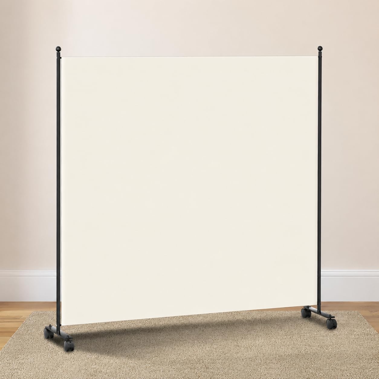 Paravento 187 x 181 cm, 1 pezzo su ruote, divisorio mobile con ruote freno, poliestere opaco e telaio in metallo rinforzato, divisorio per interni, per camera da letto, ufficio, balcone (beige