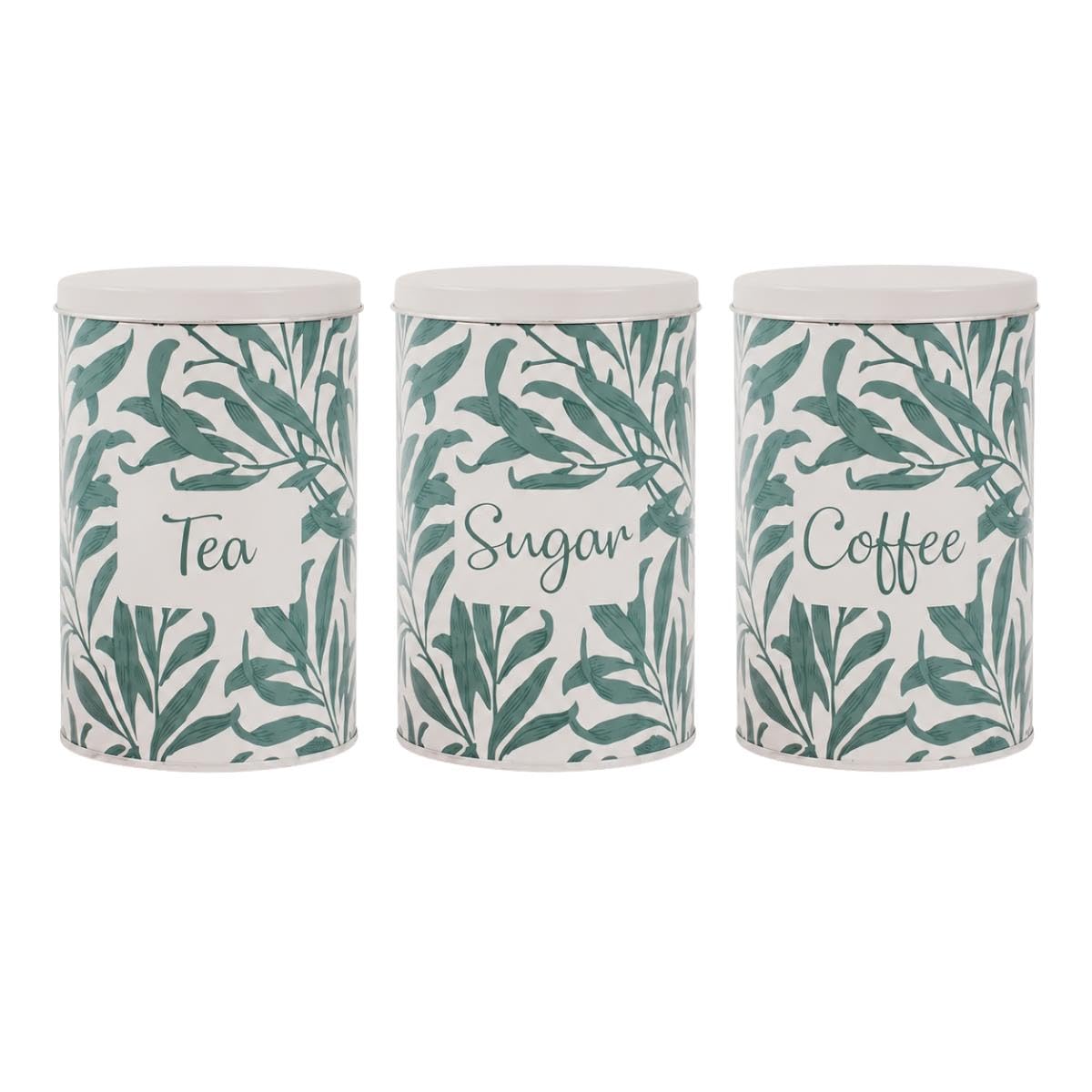 Set of 3 Tea Coffee Sugar Canisters Green Wild Leaves Container Tins