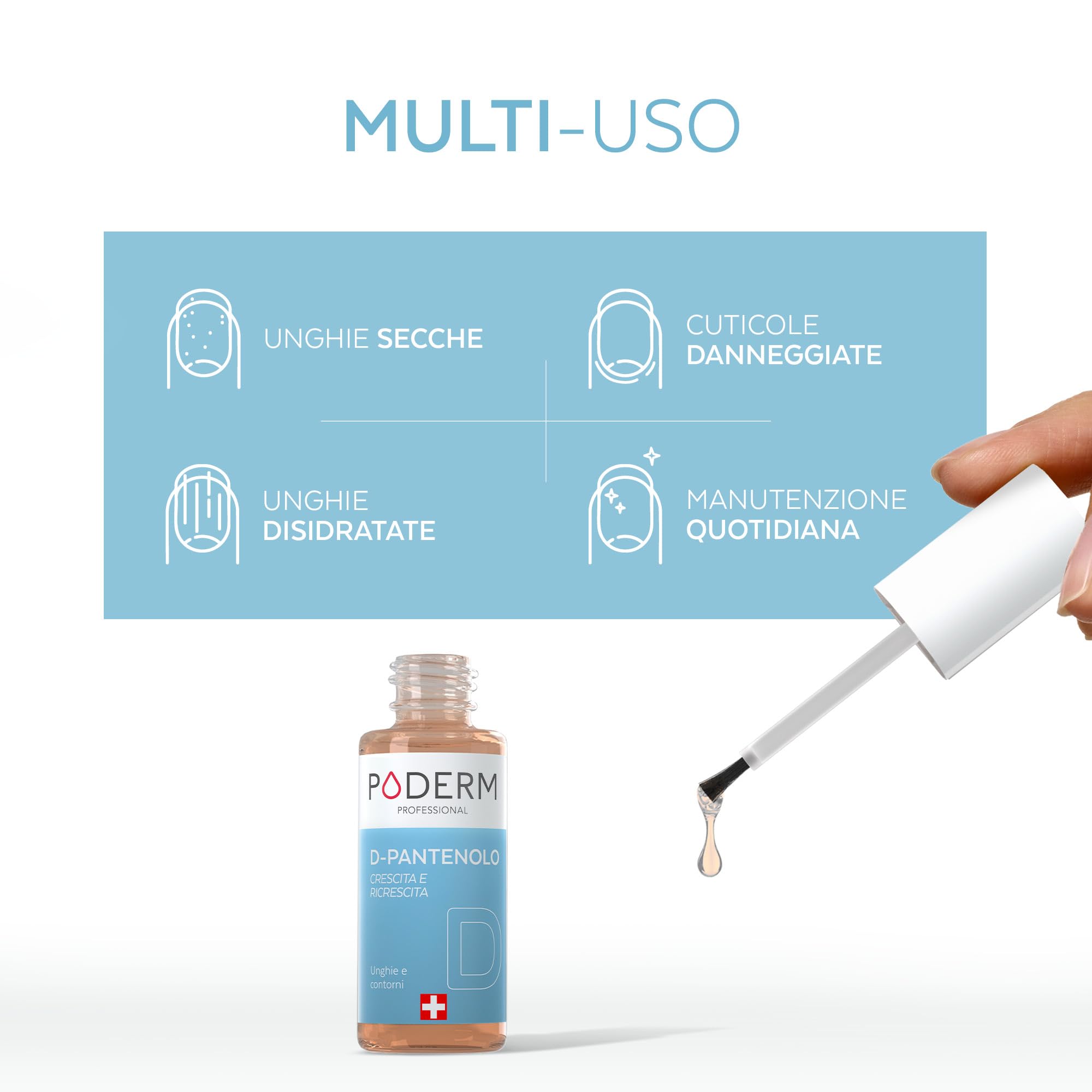 Poderm 5 in 1 Siero Booster Unghie - D-Pantenolo | Trattamento Rinforzante & Crescita per Unghie Fragili - 6 ML | Favorisce Limita la Rottura | 100% Naturale - Sviluppato da un Podologo in Svizzera