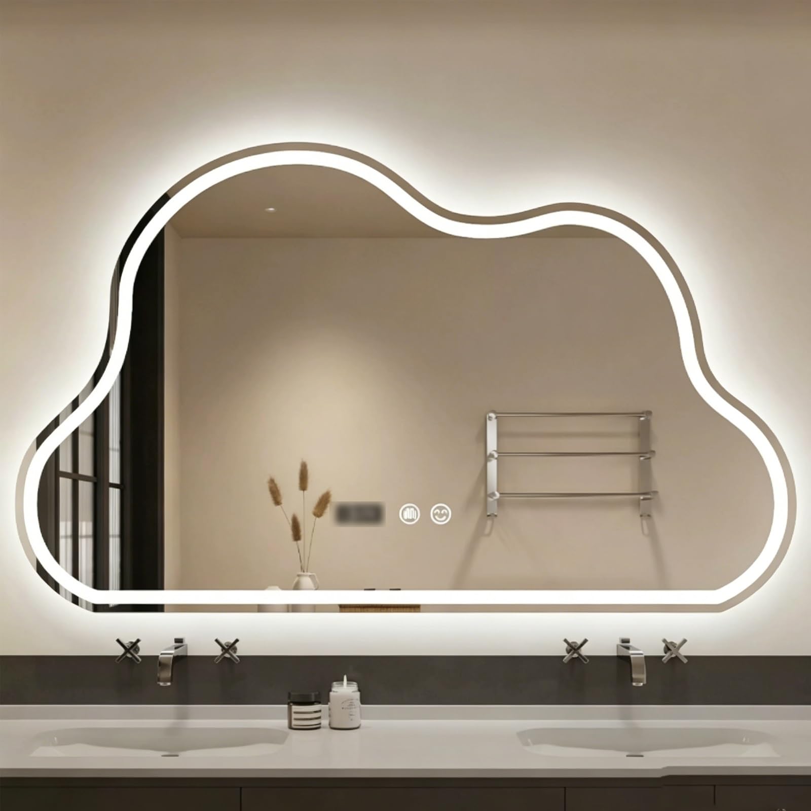 LIDANGUH Irregular Led Bathroom vanity Wall Mirror Cloud-shaped, smart Makeup backlit Mirror with anti-fog film, Tri-Colour Dimmable, Time and temperature, Frameless(B,50 * 80cm/19.7 * 31.5in)