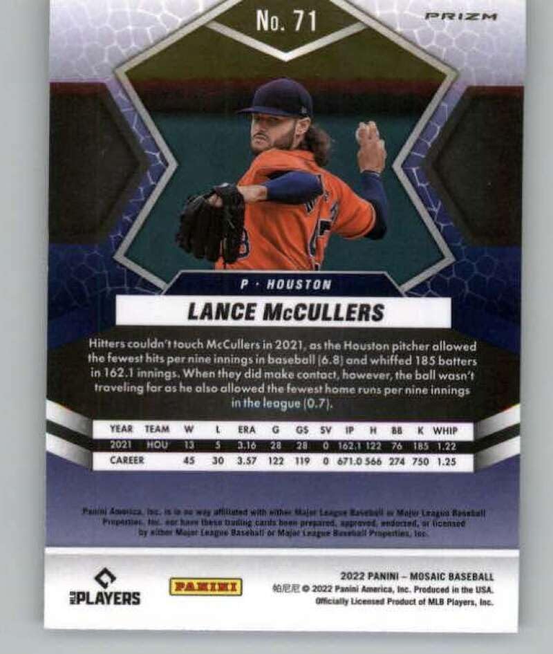 Miniatura 2 de 2022 Panini Mosaic Mosaic Parallel #71 Lance McCullers Houston Astros Baseball Trading Card