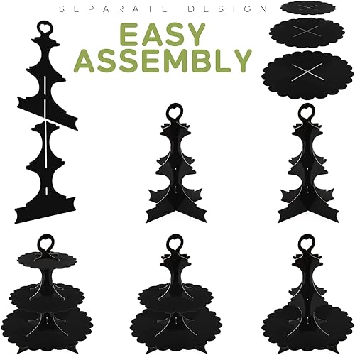 Miniatura 7 de Soporte para cupcakes de 3 niveles, torre de exhibición de postres de cartón negro, mango de corazón con borde festoneado, para boda, cumpleaños,