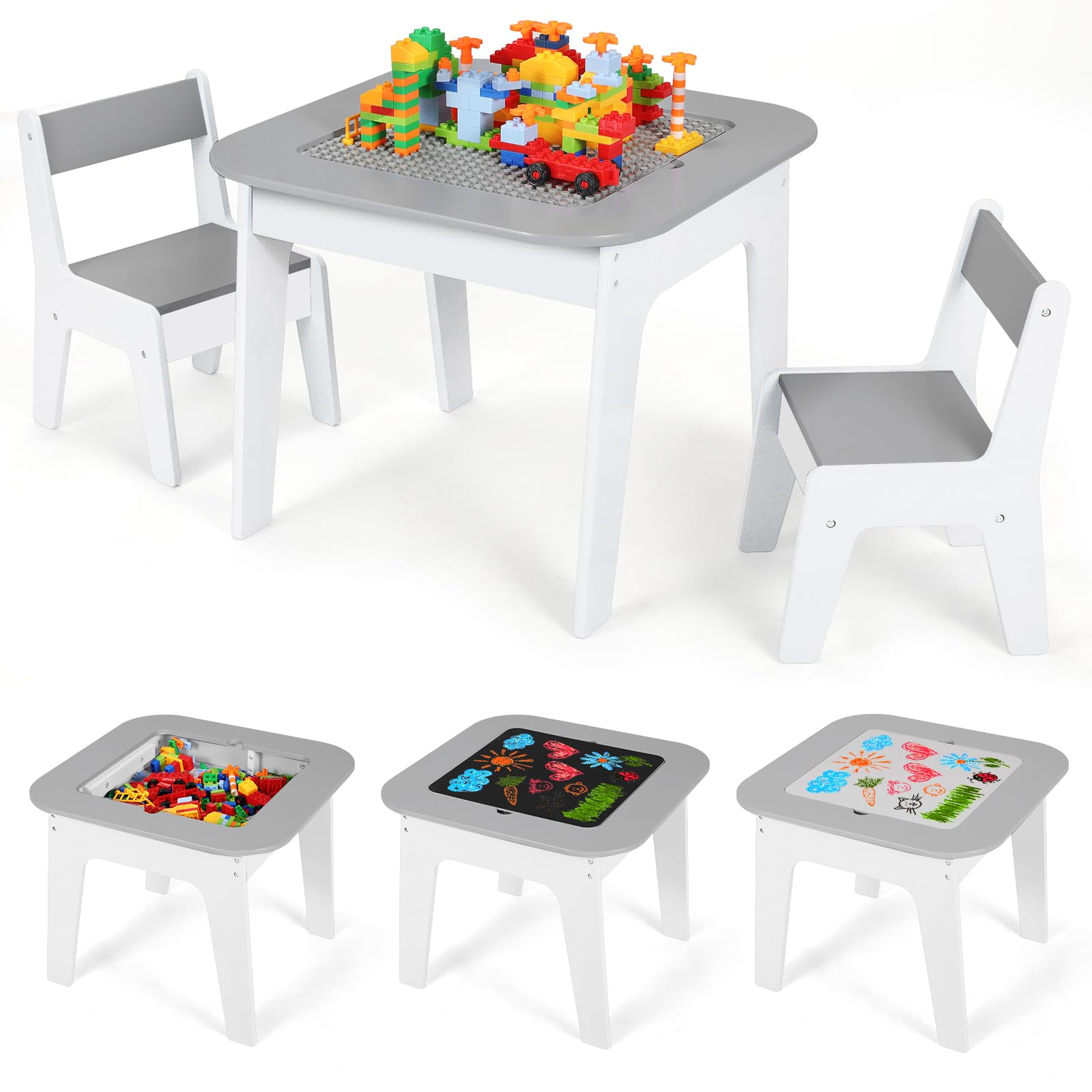 MAMIZO Kindertafel met 2 stoelen, kinderzitgroep, kindertafel, kindermeubel voor kinderkamer, opbergruimte, kindertafelstoelset, schildertafel en bouwplaat, kinderzitset, zitgroep, groen