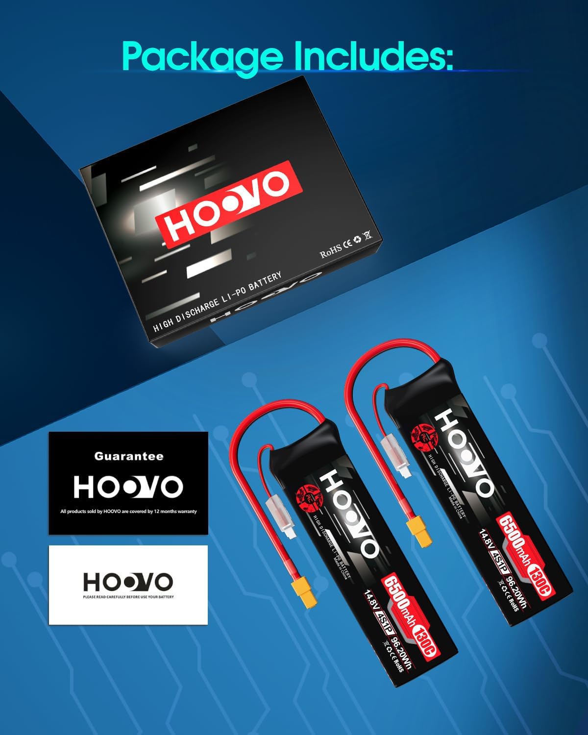 HOOVO 4S Lipo Battery 14.8V 6500mAh 130C RC Battery Pack, Softcase with XT60 Plug for Maxx X-Maxx RC Car Truck Buggy Crawler Airplane Boat RC Vehicle,2Packs