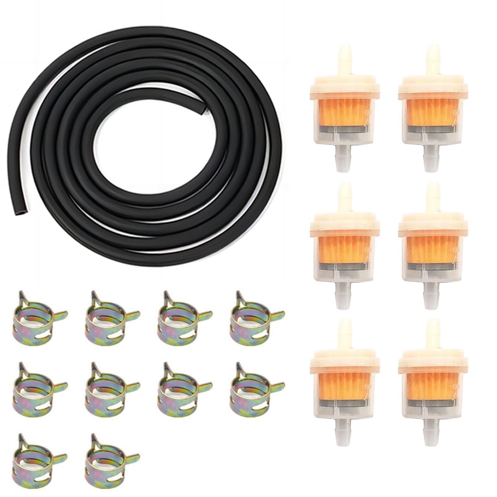 Motorbike Fuel Line Kit, 1/4"(6mm), 10-Foot (3m) Fuel Line Hose + 10PCS 2/5" (11mm) ID Hose Clamps+ 6Pcs Inline Fuel Filters .Suitable for Small Engines: Tractors, Mowing Machine, Snow Machine