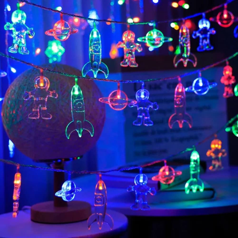 Cadena de luces LED para habitación infantil, astronauta, planeta, cohete, guirnalda de luces para niños, decoración de habitación infantil, fiesta de cumpleaños, decoración de pared (1,5 m, 10 luces)