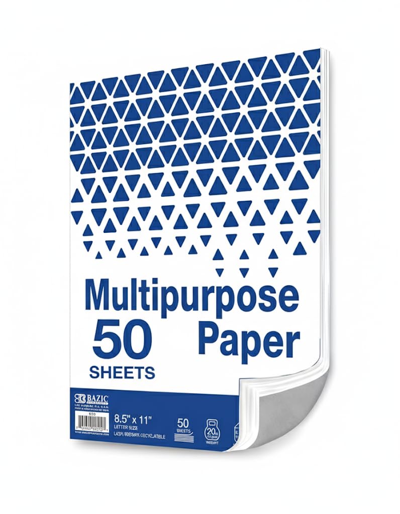 BAZIC 50 SHEETS 8.5" x 11" White Multipurpose Paper, 20 LB (75 gsm), Copy Paper Fax Laser & General Printing, Create Report Document Flyer for School Office, 50 SHEETS
