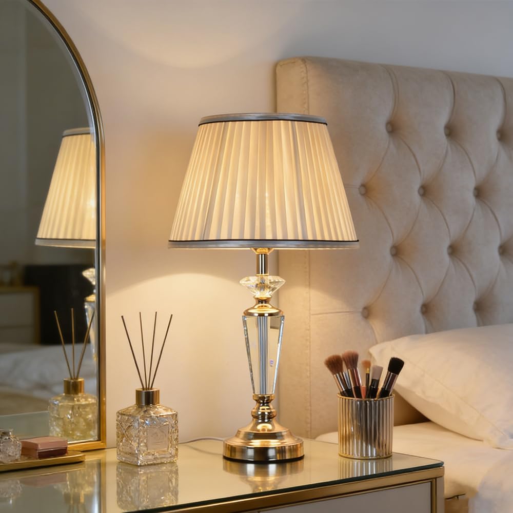 Lampara de noche, lampara de mesita de noche, E27 lampara para mesa con cristales y pantalla dorado, Lámpara De Escritorio redondo pantalla creativo dormitorio Sala De Estar Hotel estudio oficina