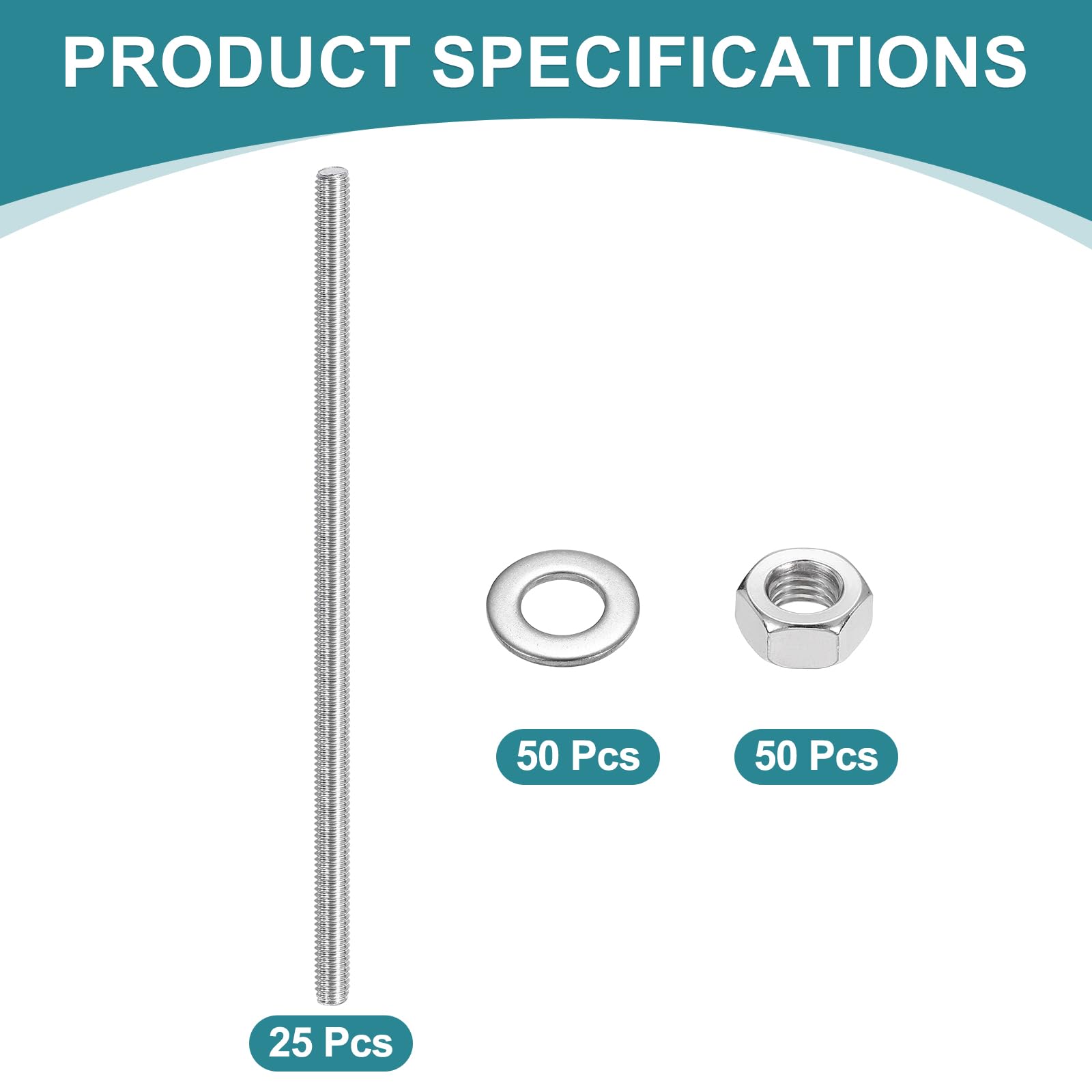sourcing map 25 aste filettate M3 x 70 mm acciaio inox filettatura destra con dadi e rondella piatta