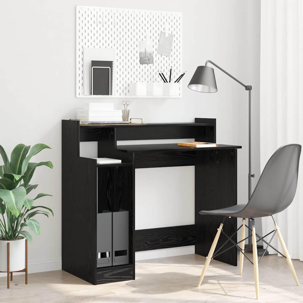 Schreibtisch Schwarz Eichen-Optik Holzwerkstoff 97 x 45 x 90 cm mit LED-Beleuchtung USB-Anschluss und 3 Regalen für Büro Homeoffice Arbeitszimmer Arbeitsplatz