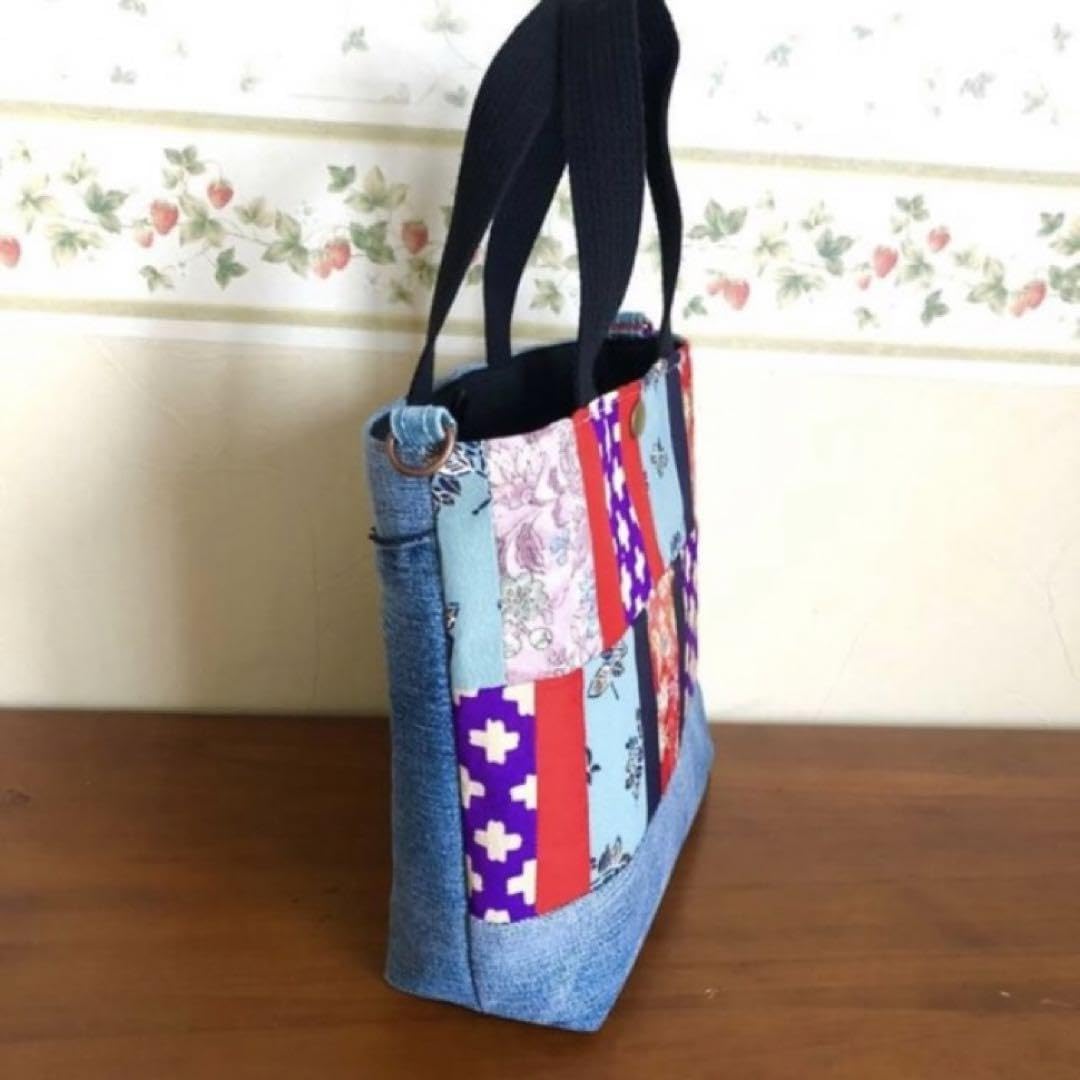 Amazon.co.jp: ハンドメイド トートバッグ デニム着物リメイク パッチ 