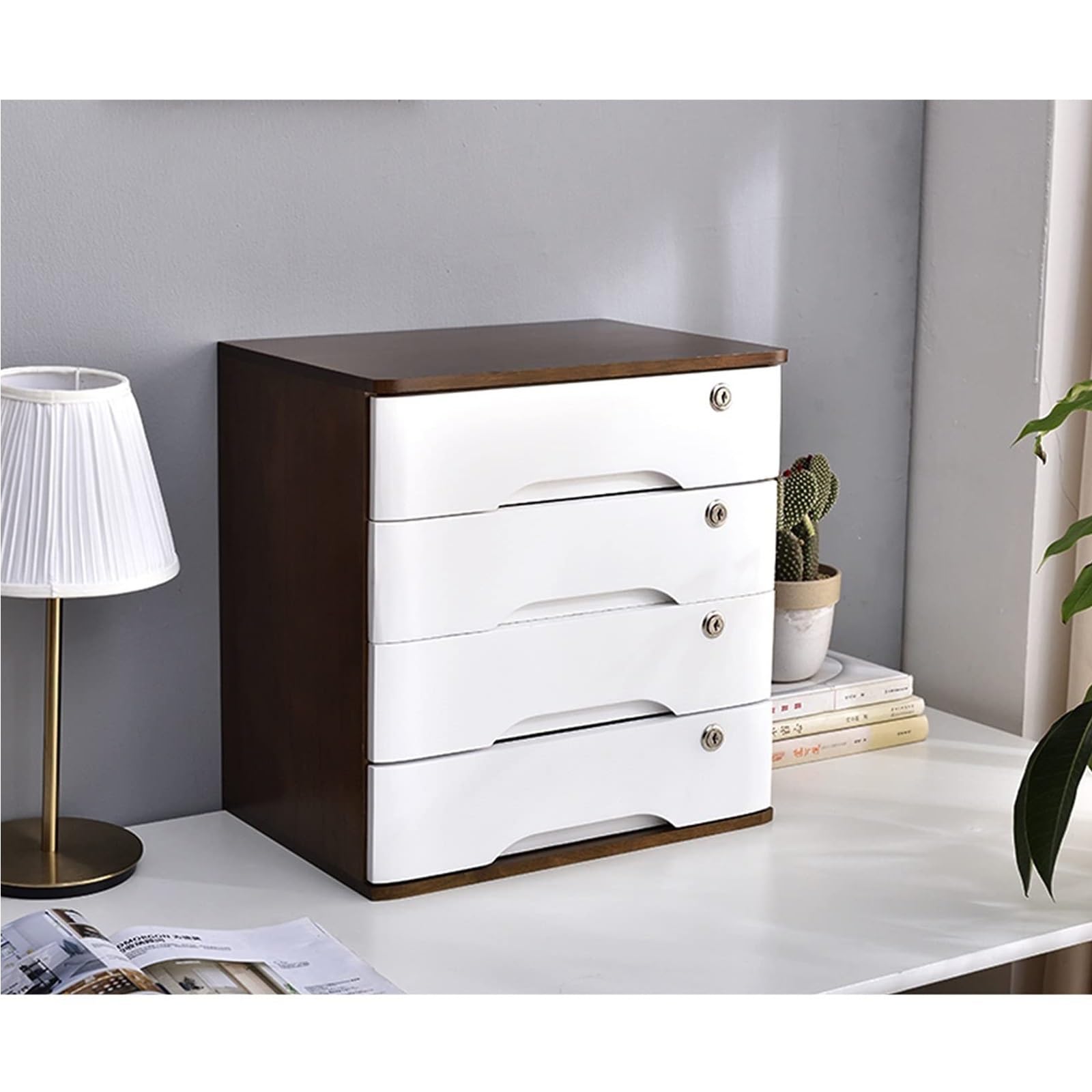 SnamicE Wooden Desk Storage Box With Drawers-Lockable Home Office Filing Cabinet,Stylish Desktop,Perfect For Workspace,