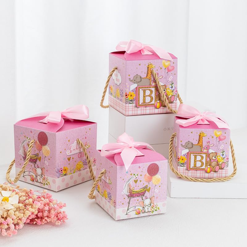 Süße Cartoon-Tier-Süßigkeitsbox für Kindergeburtstag, Geschenktüte mit Handseil, Junge, Mädchen, neue Babyparty, Geschenkboxen, Partydekorationen, Pink B, 100 Stück, klein 8 x 8 x 8 cm
